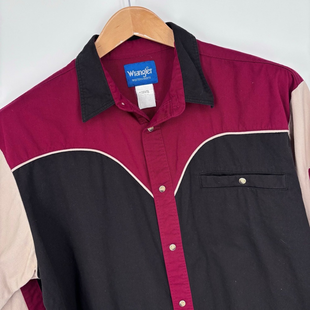 Wrangler Heavyweight Twill Pearl Snap Shirt Mens XLT Burgundy Black Colorblock